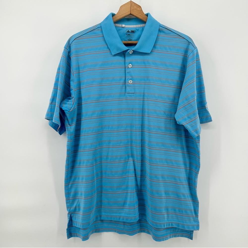 Adidas ClimaCool Golf Polo Shirt Mens L Blue Stripe Ruth Lake 1922 Performance